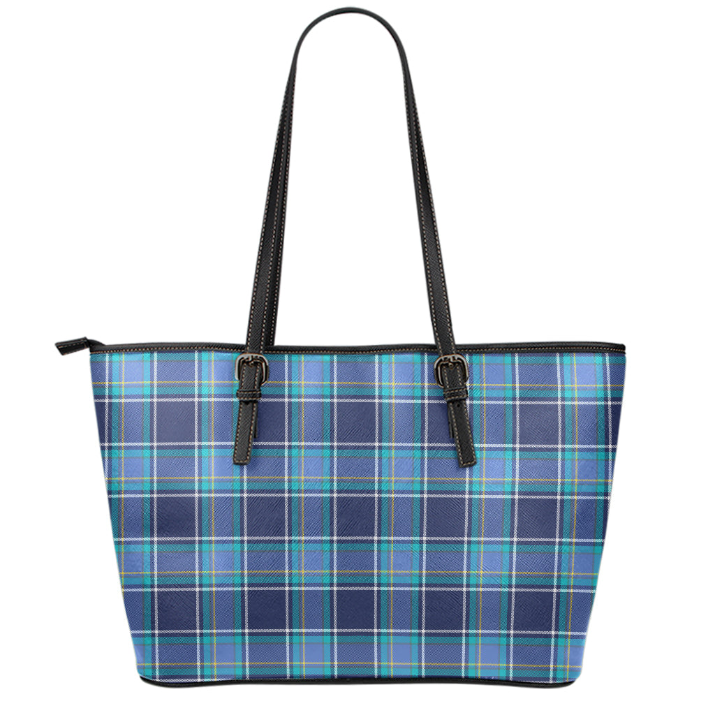 Blue And Teal Tartan Pattern Print Leather Tote Bag