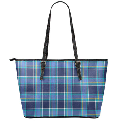 Blue And Teal Tartan Pattern Print Leather Tote Bag