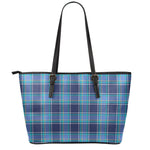 Blue And Teal Tartan Pattern Print Leather Tote Bag