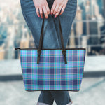 Blue And Teal Tartan Pattern Print Leather Tote Bag