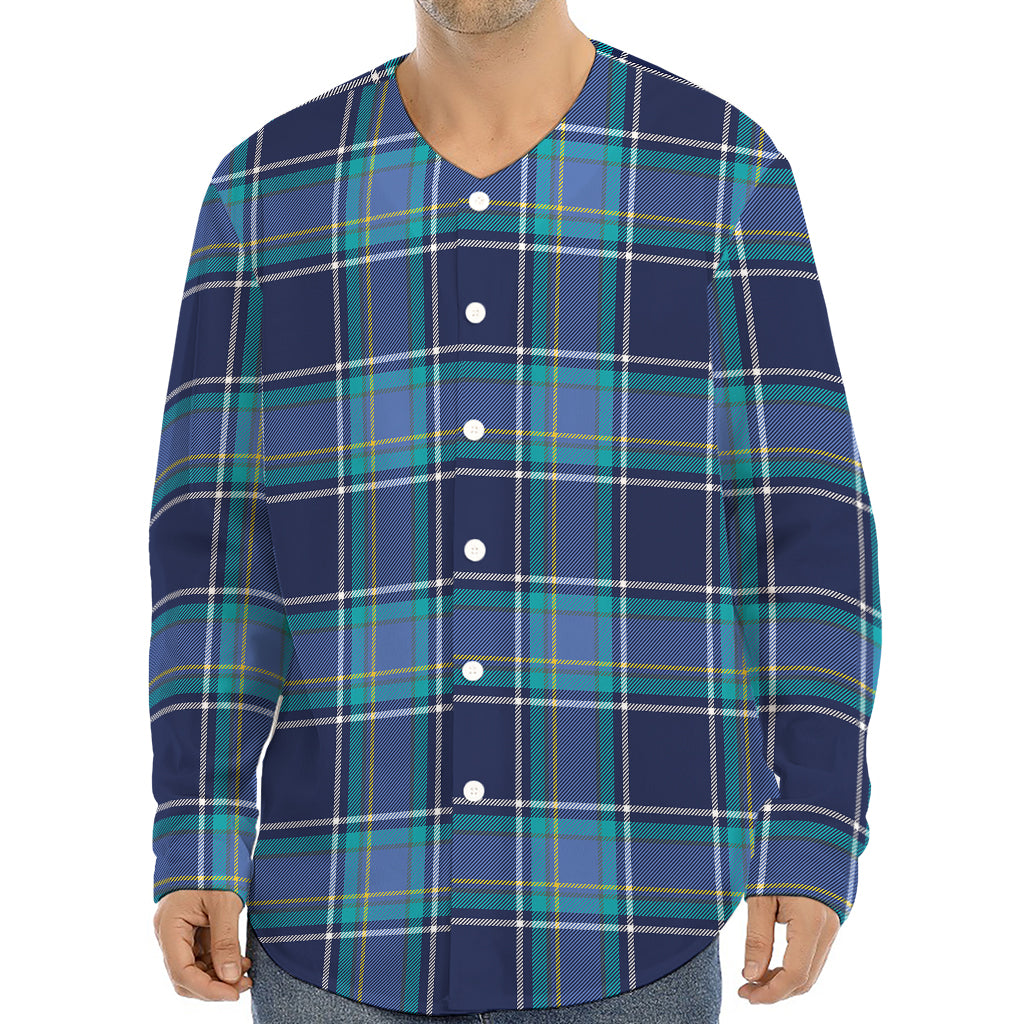 Blue And Teal Tartan Pattern Print Long Sleeve Baseball Jersey