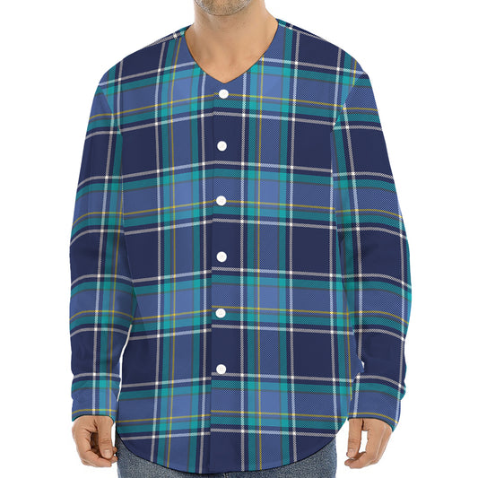 Blue And Teal Tartan Pattern Print Long Sleeve Baseball Jersey
