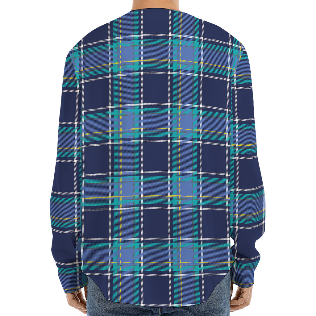 Blue And Teal Tartan Pattern Print Long Sleeve Baseball Jersey