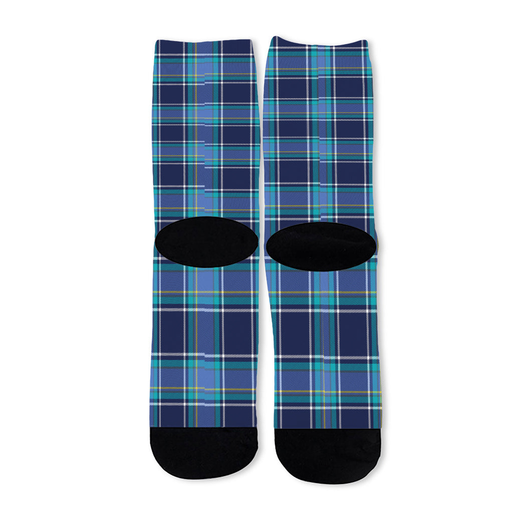 Blue And Teal Tartan Pattern Print Long Socks