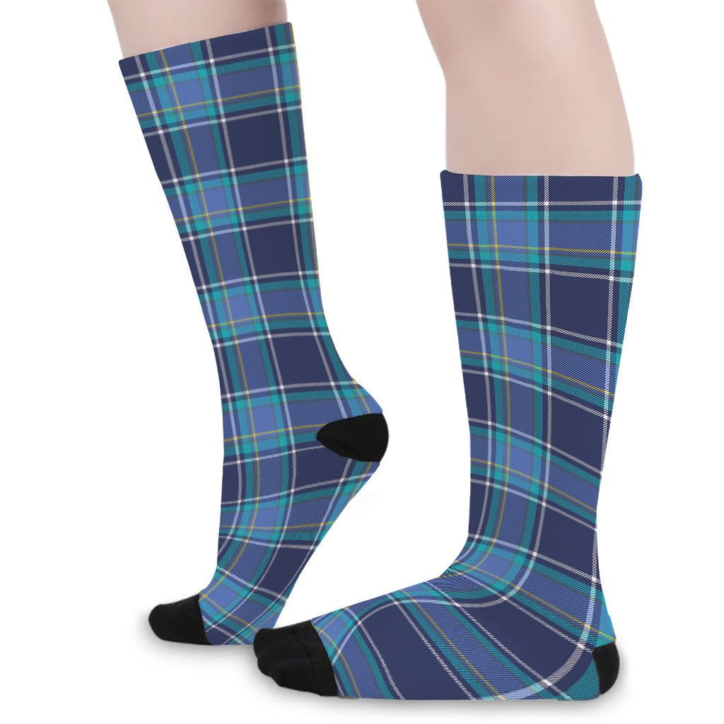 Blue And Teal Tartan Pattern Print Long Socks