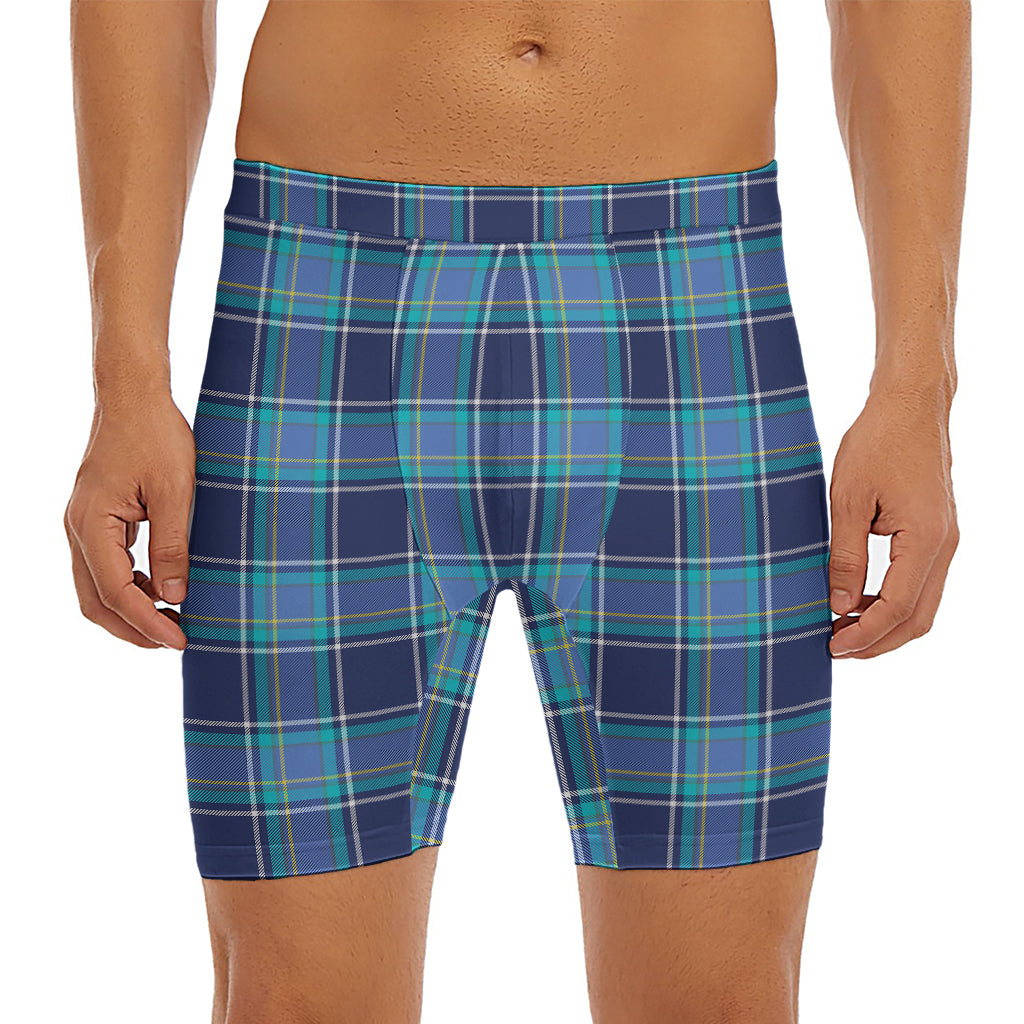 Blue And Teal Tartan Pattern Print Men's Long Boxer Briefs