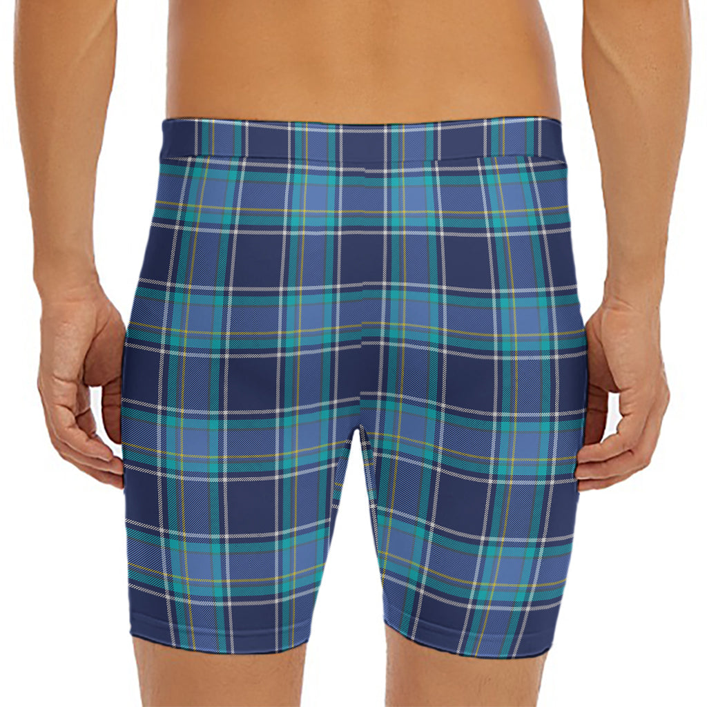 Blue And Teal Tartan Pattern Print Men's Long Boxer Briefs