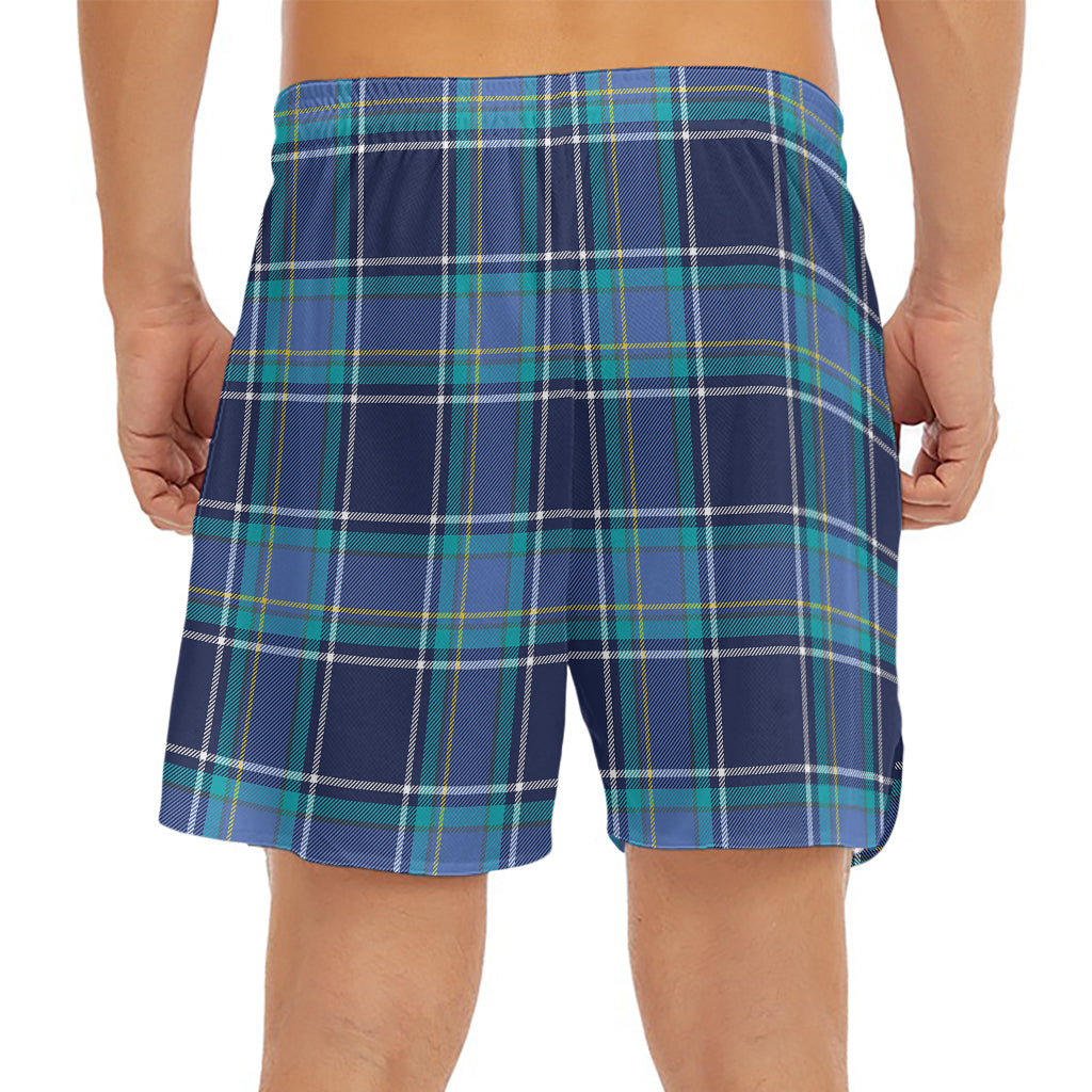 Blue And Teal Tartan Pattern Print Men's Split Running Shorts