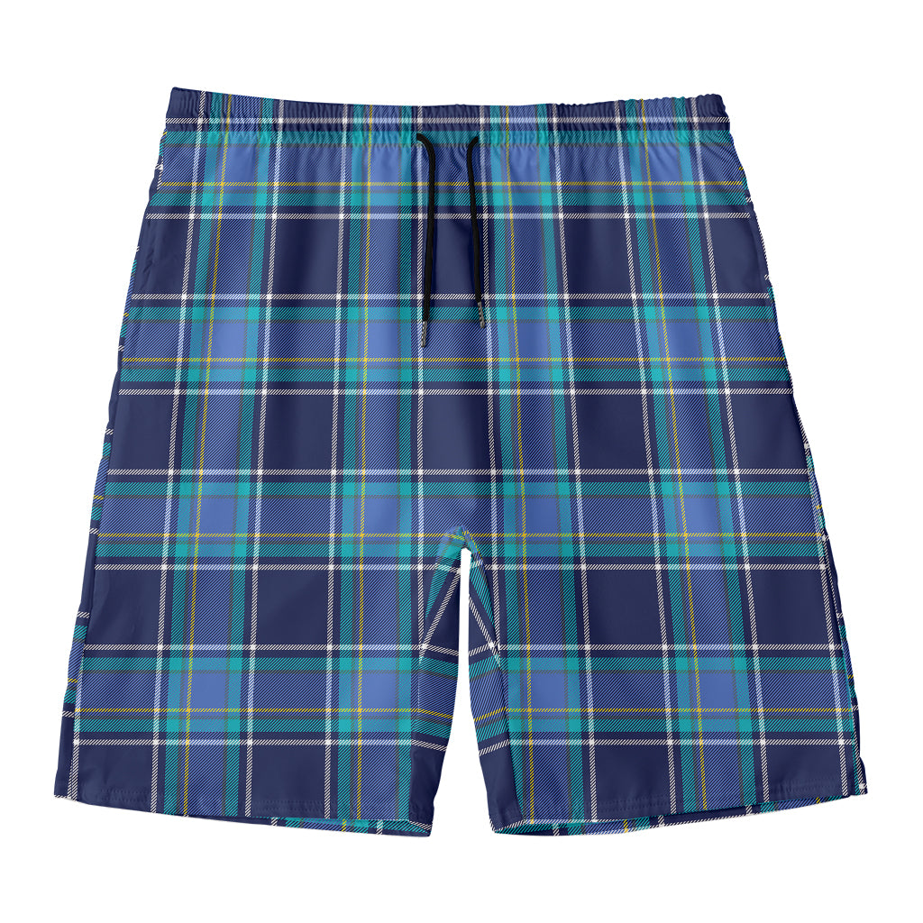 Blue And Teal Tartan Pattern Print Men's Swim Trunks