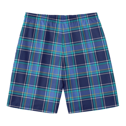 Blue And Teal Tartan Pattern Print Men's Swim Trunks
