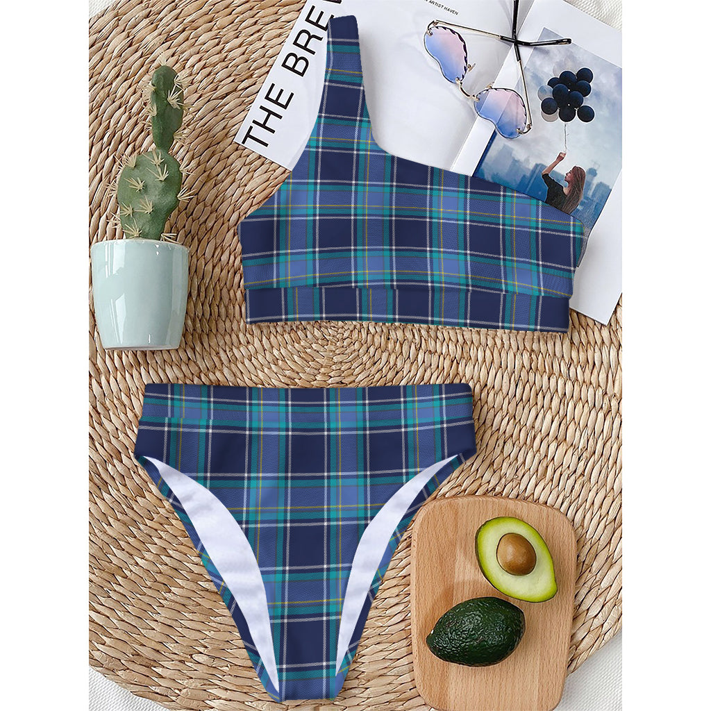 Blue And Teal Tartan Pattern Print One Shoulder Bikini Top