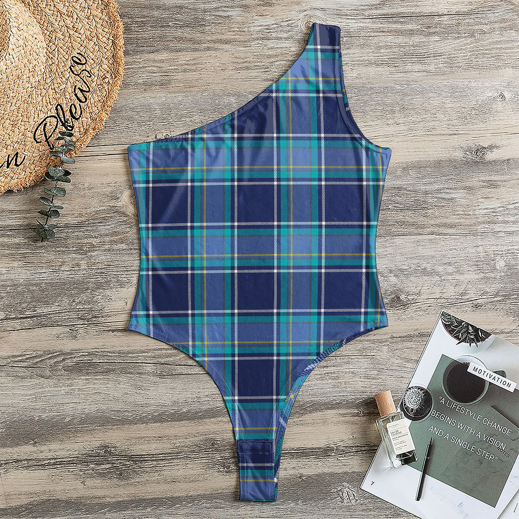 Blue And Teal Tartan Pattern Print One Shoulder Bodysuit