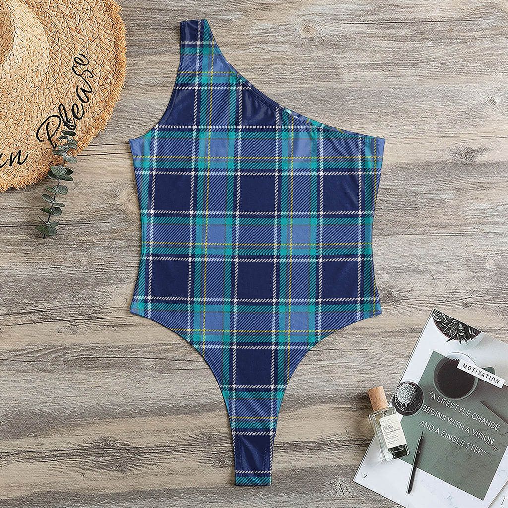 Blue And Teal Tartan Pattern Print One Shoulder Bodysuit