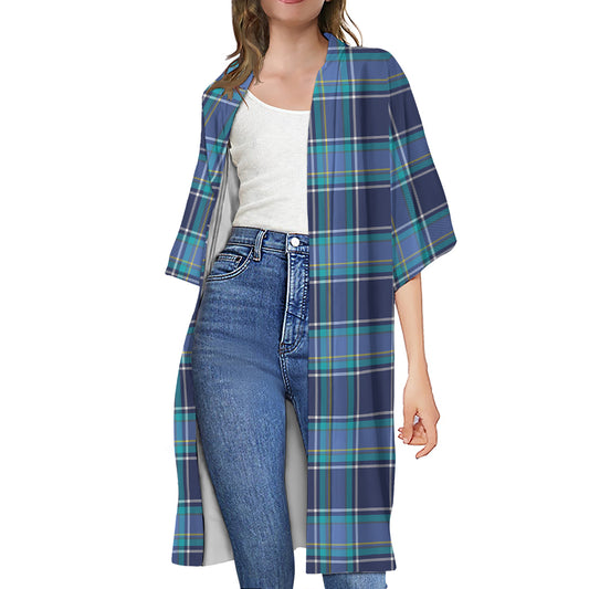 Blue And Teal Tartan Pattern Print Open Front Beach Cover Up