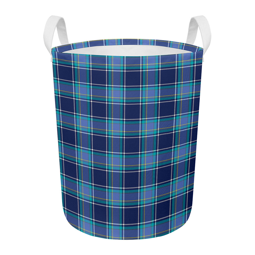 Blue And Teal Tartan Pattern Print Round Laundry Basket