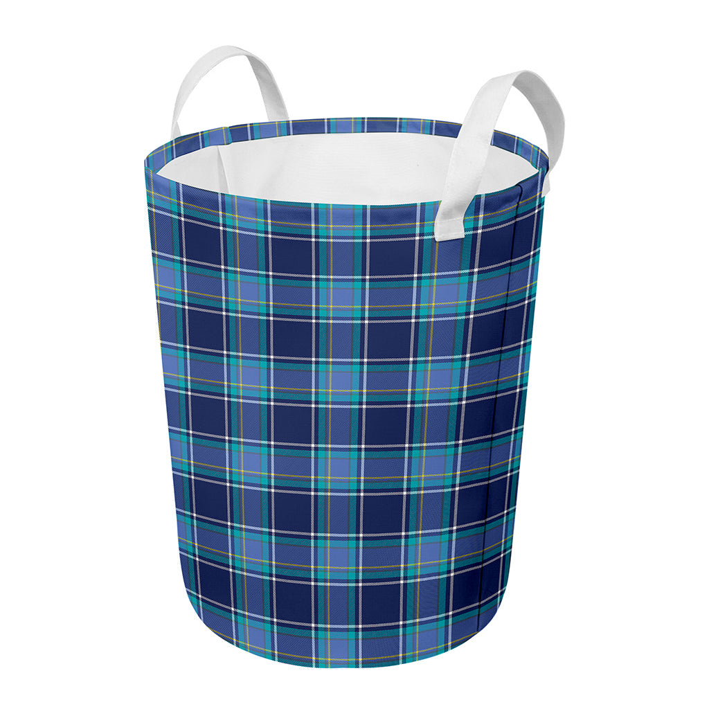 Blue And Teal Tartan Pattern Print Round Laundry Basket