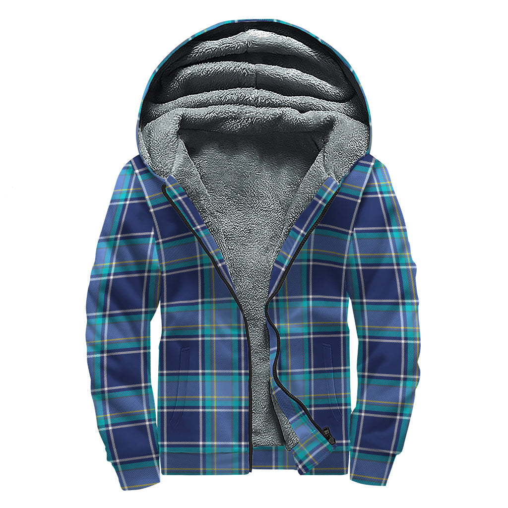 Blue And Teal Tartan Pattern Print Sherpa Lined Zip Up Hoodie