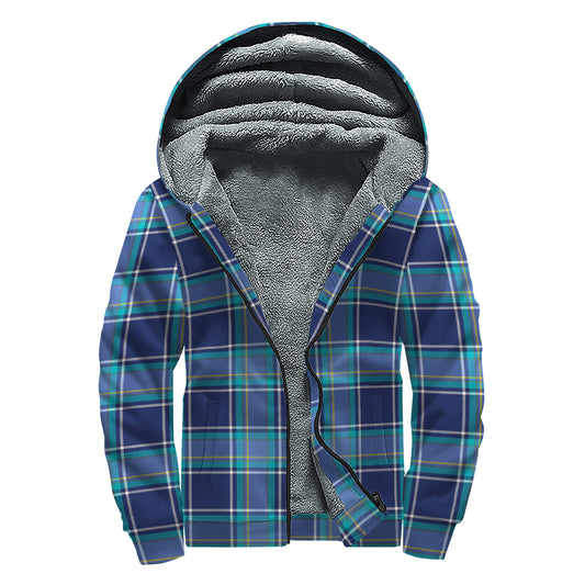 Blue And Teal Tartan Pattern Print Sherpa Lined Zip Up Hoodie