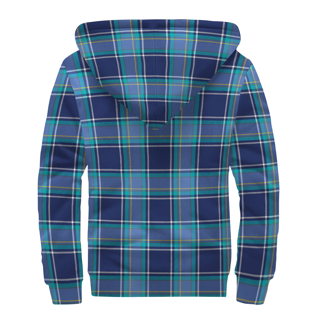 Blue And Teal Tartan Pattern Print Sherpa Lined Zip Up Hoodie
