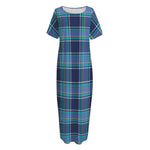 Blue And Teal Tartan Pattern Print Short Sleeve Long Nightdress