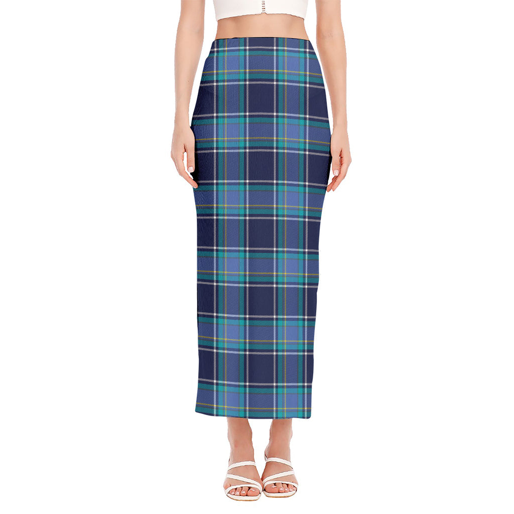 Blue And Teal Tartan Pattern Print Side Slit Maxi Skirt
