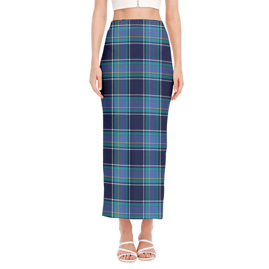 Blue And Teal Tartan Pattern Print Side Slit Maxi Skirt