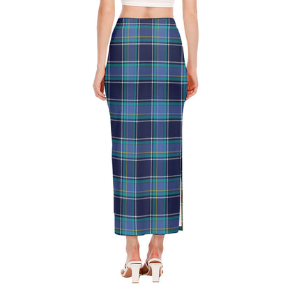Blue And Teal Tartan Pattern Print Side Slit Maxi Skirt