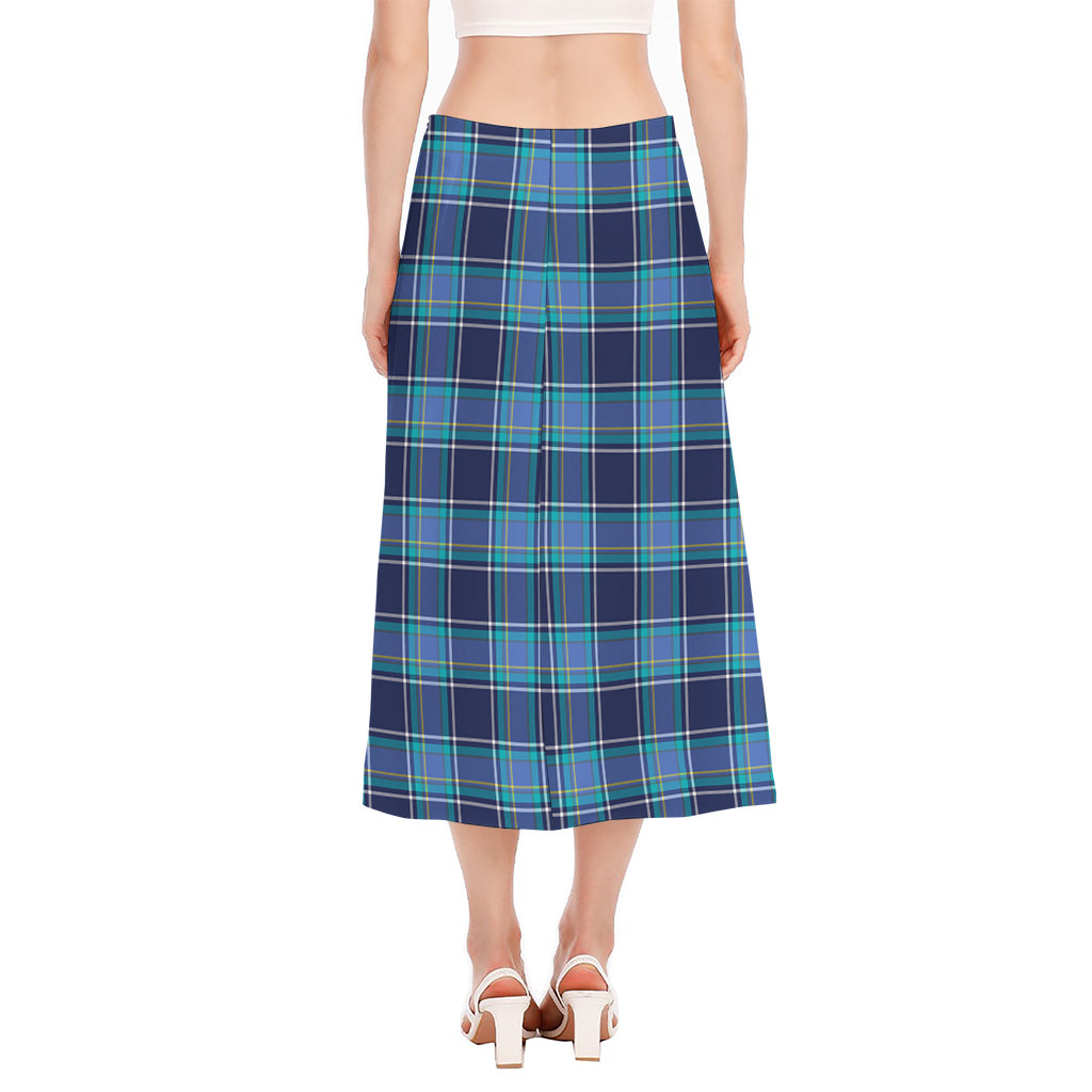 Blue And Teal Tartan Pattern Print Side Slit Midi Skirt