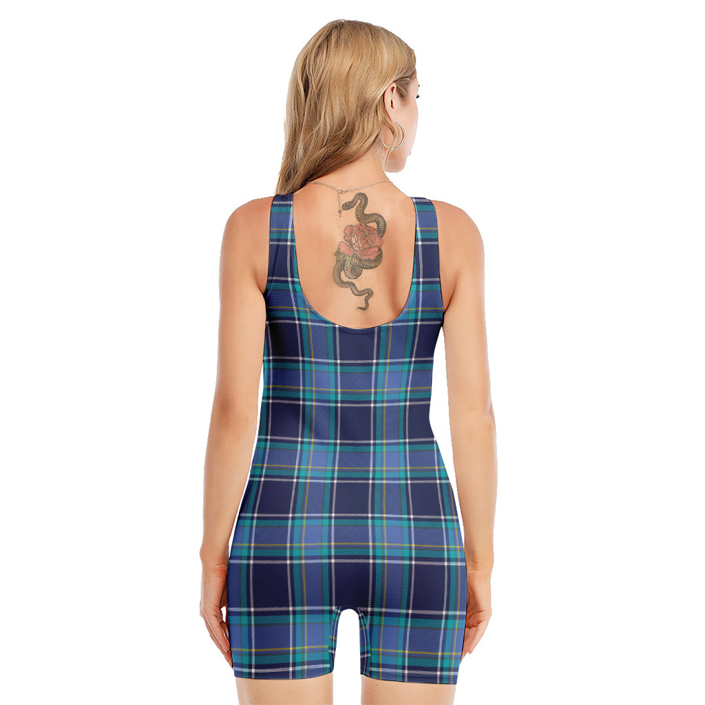 Blue And Teal Tartan Pattern Print Sleeveless One Piece Swimsuit