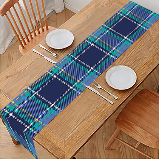 Blue And Teal Tartan Pattern Print Table Runner
