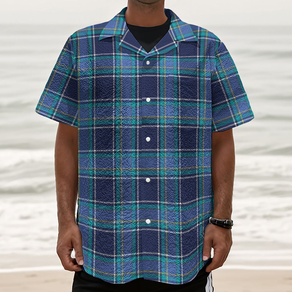 Blue And Teal Tartan Pattern Print Textured Short Sleeve Shirt