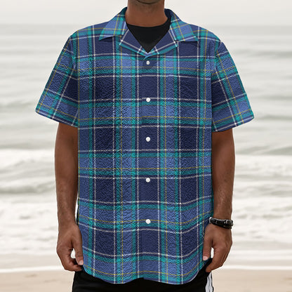 Blue And Teal Tartan Pattern Print Textured Short Sleeve Shirt