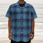 Blue And Teal Tartan Pattern Print Textured Short Sleeve Shirt