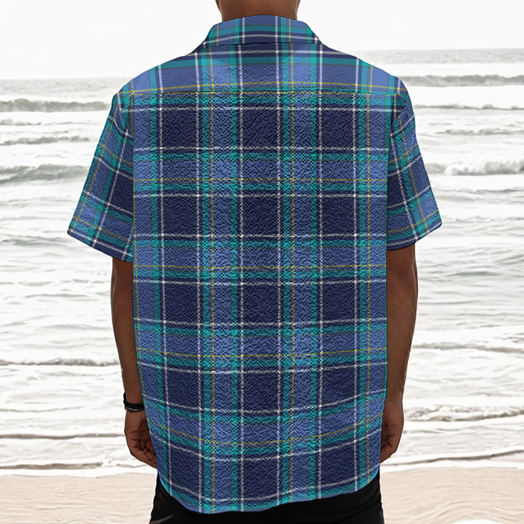 Blue And Teal Tartan Pattern Print Textured Short Sleeve Shirt