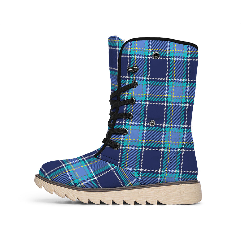 Blue And Teal Tartan Pattern Print Winter Boots
