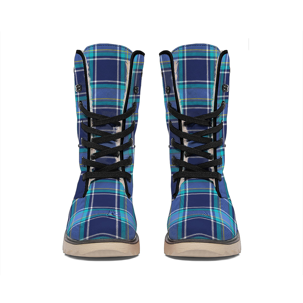 Blue And Teal Tartan Pattern Print Winter Boots