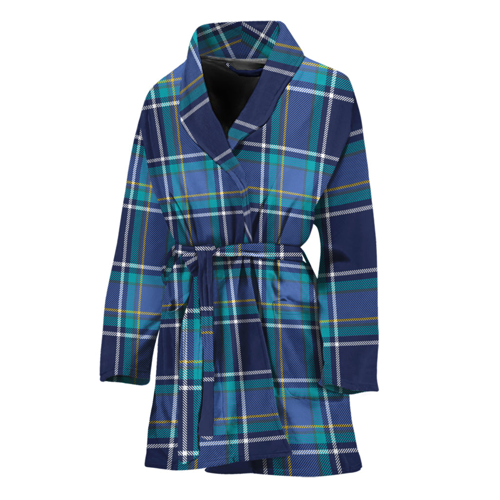 Blue And Teal Tartan Pattern Print Women's Bathrobe