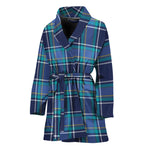 Blue And Teal Tartan Pattern Print Women's Bathrobe