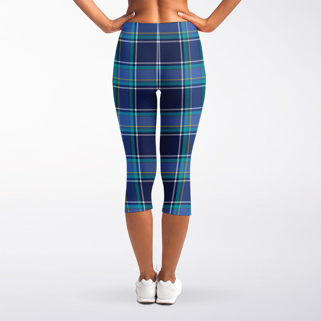 Blue And Teal Tartan Pattern Print Women's Capri Leggings