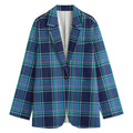 Blue And Teal Tartan Pattern Print Women's Cotton Blazer