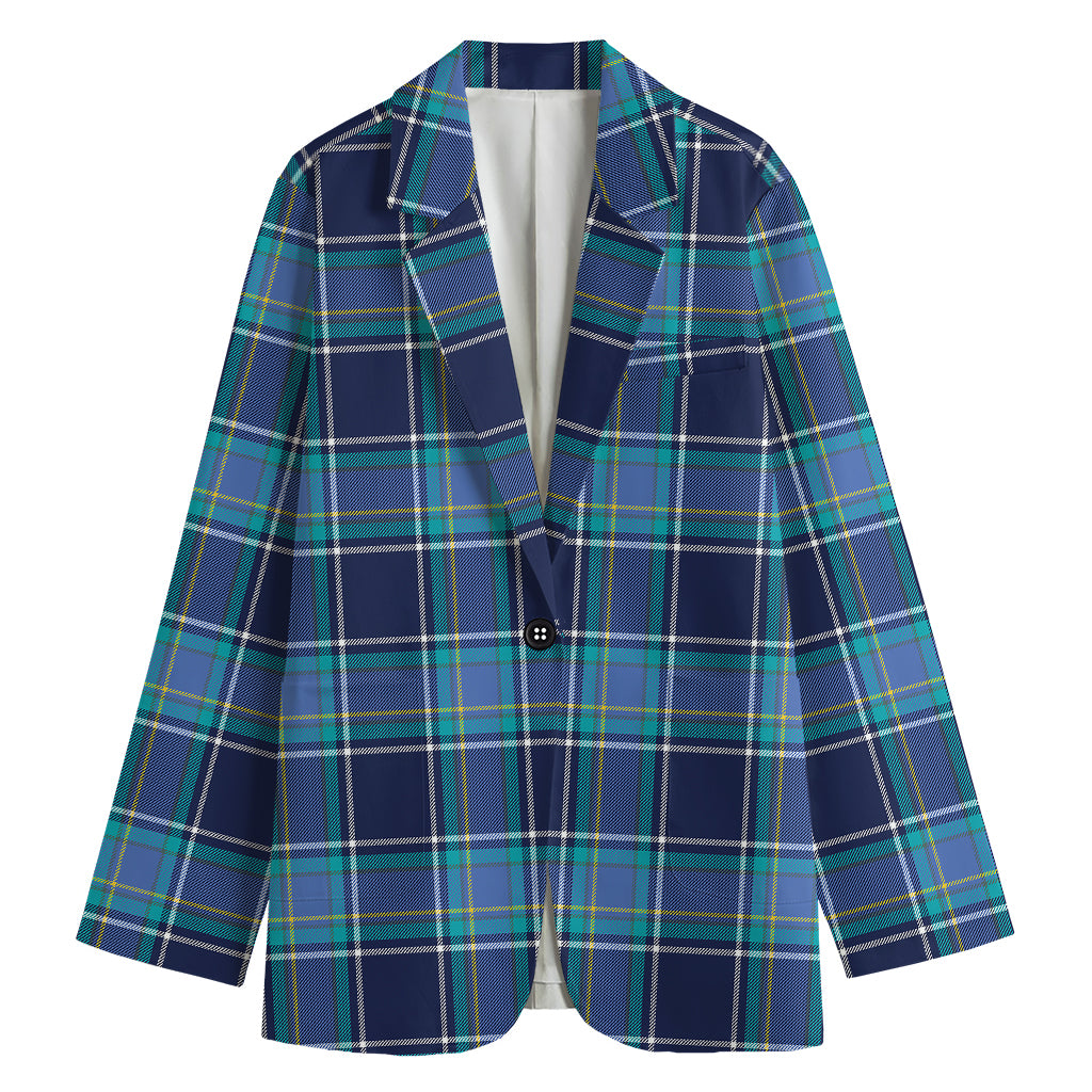 Blue And Teal Tartan Pattern Print Women's Cotton Blazer