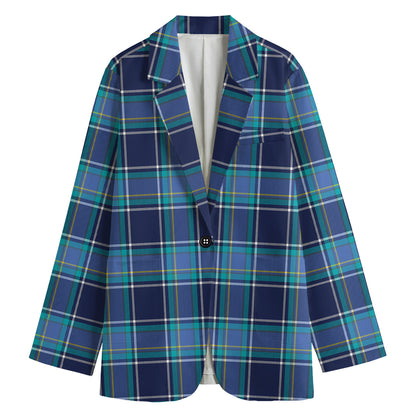 Blue And Teal Tartan Pattern Print Women's Cotton Blazer