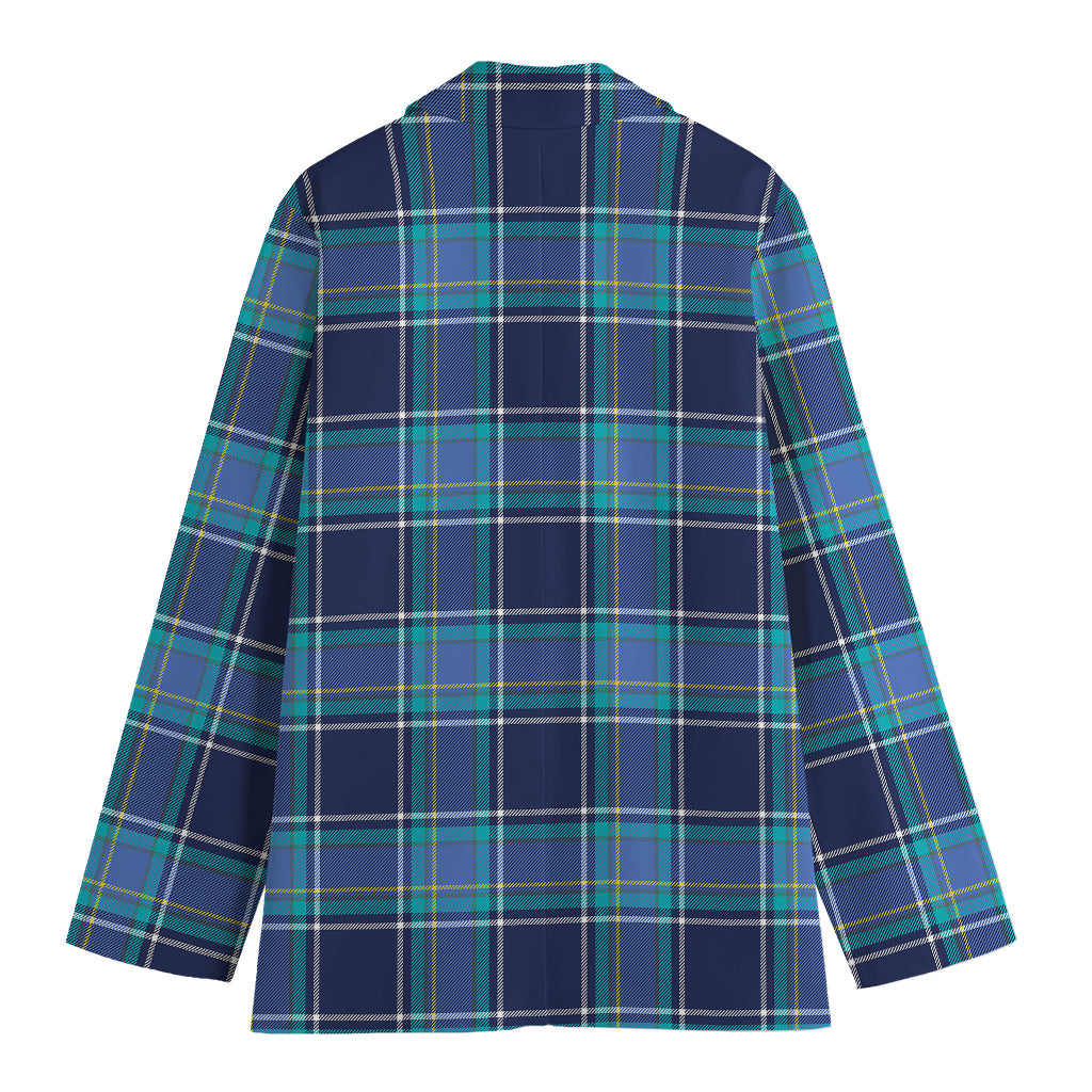 Blue And Teal Tartan Pattern Print Women's Cotton Blazer