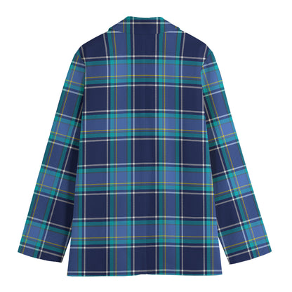 Blue And Teal Tartan Pattern Print Women's Cotton Blazer