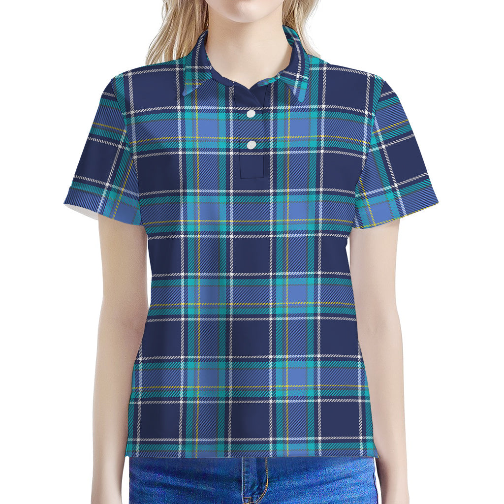 Blue And Teal Tartan Pattern Print Women's Polo Shirt