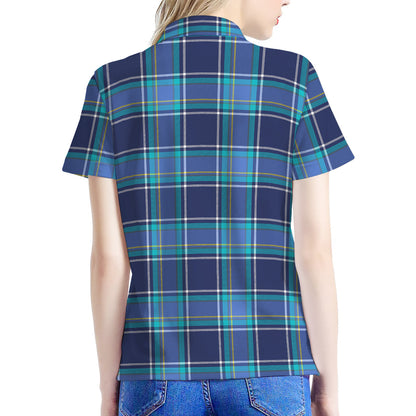 Blue And Teal Tartan Pattern Print Women's Polo Shirt