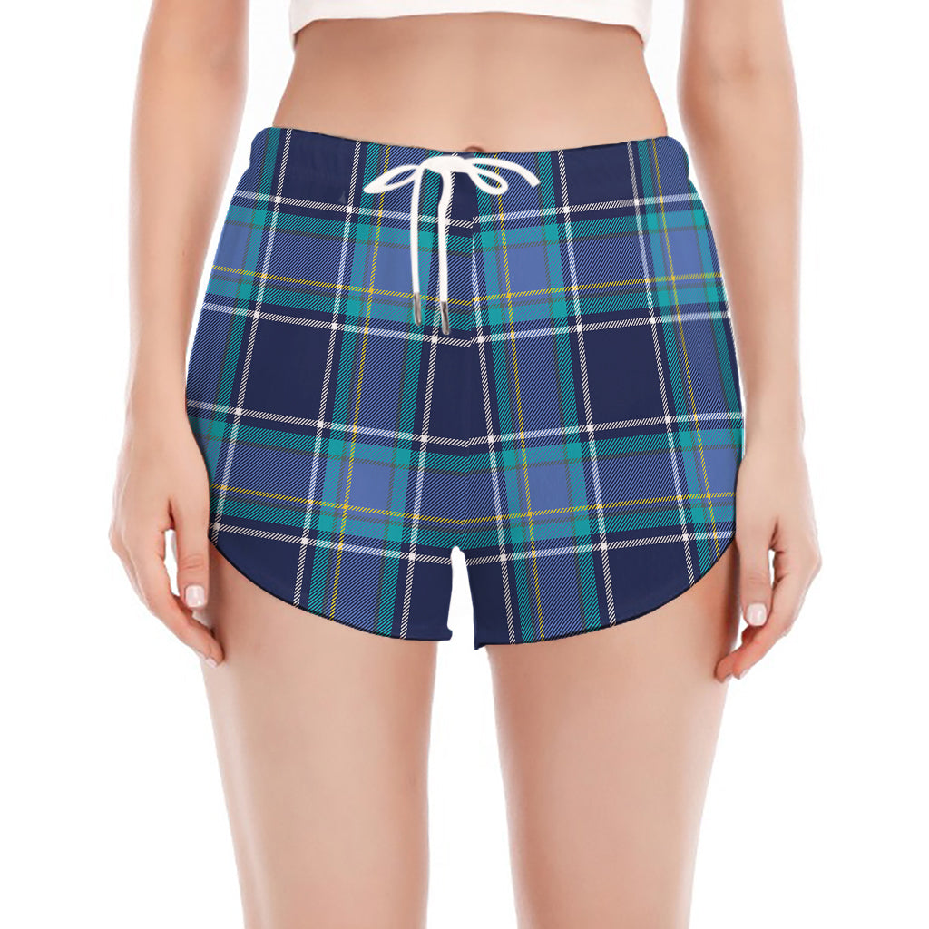 Blue And Teal Tartan Pattern Print Women's Split Running Shorts