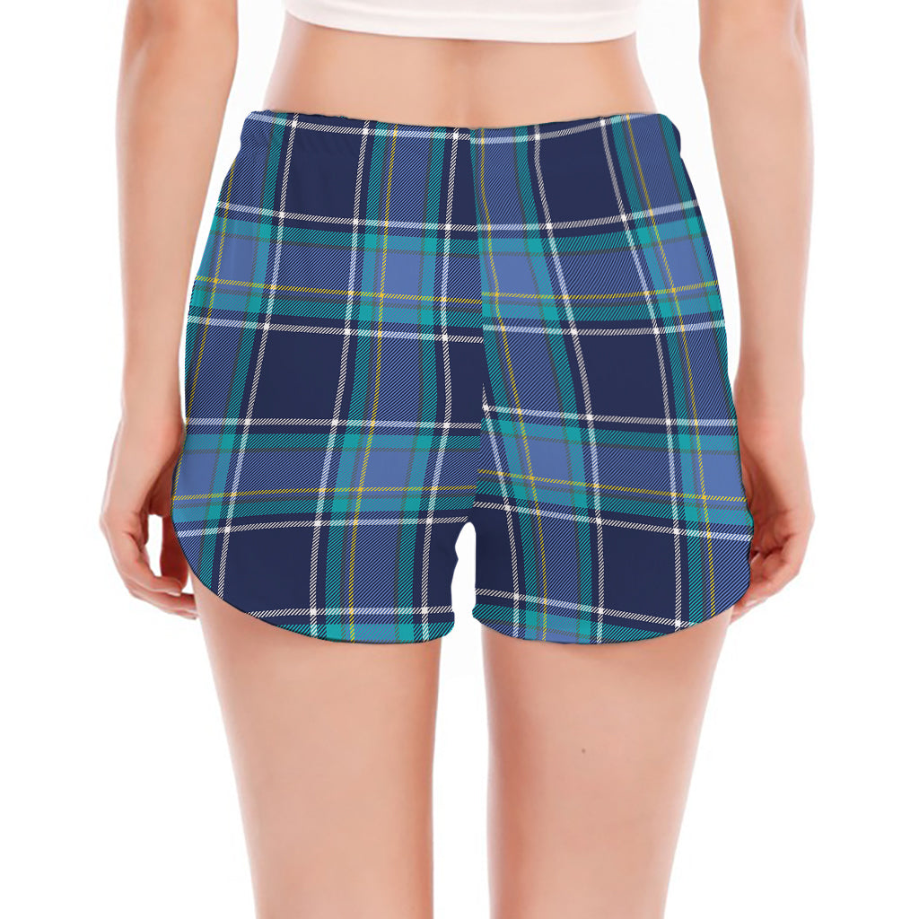 Blue And Teal Tartan Pattern Print Women's Split Running Shorts