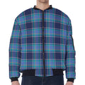 Blue And Teal Tartan Pattern Print Zip Sleeve Bomber Jacket