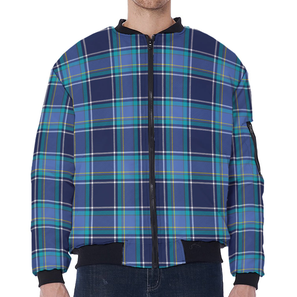 Blue And Teal Tartan Pattern Print Zip Sleeve Bomber Jacket